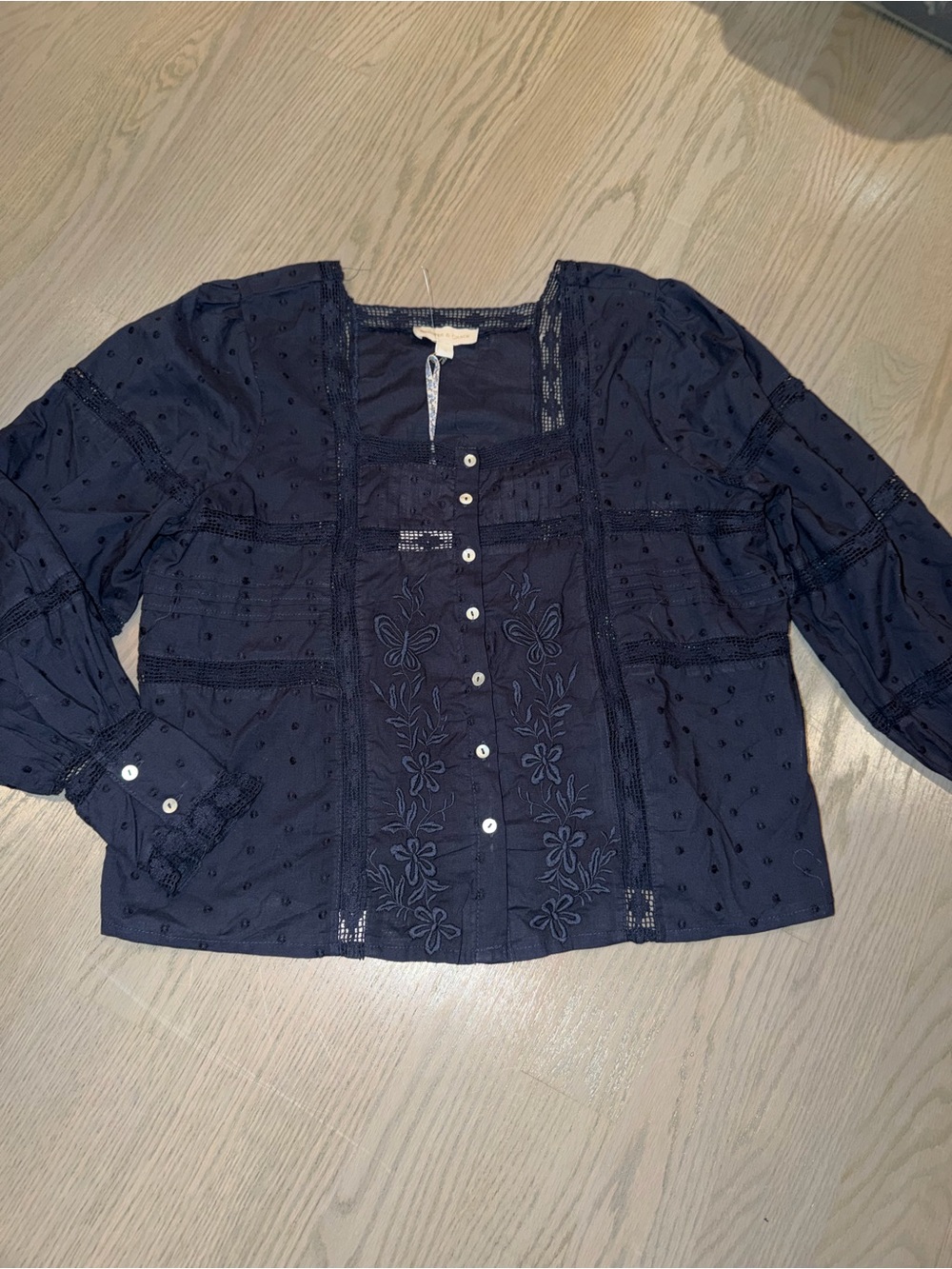 Jennifer & Grace Navy Embroidered Button-Front Peasant Blouse